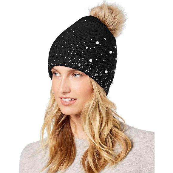 INC International Concepts Accessories - 4/$25 INC Black Knit  Faux Pearl Beanie One Size